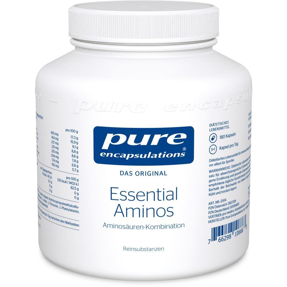 Ein weißer Behälter enthält Aminosäure-Kapseln der Marke "Pure Encapsulations".