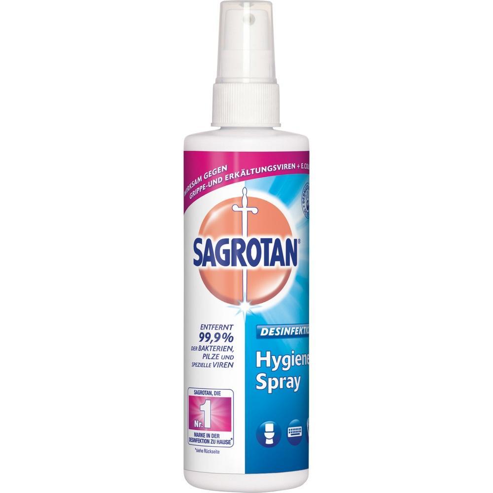 Eine weiße Sprayflasche mit einem orange-blauen Etikett für Desinfektionsmittel.