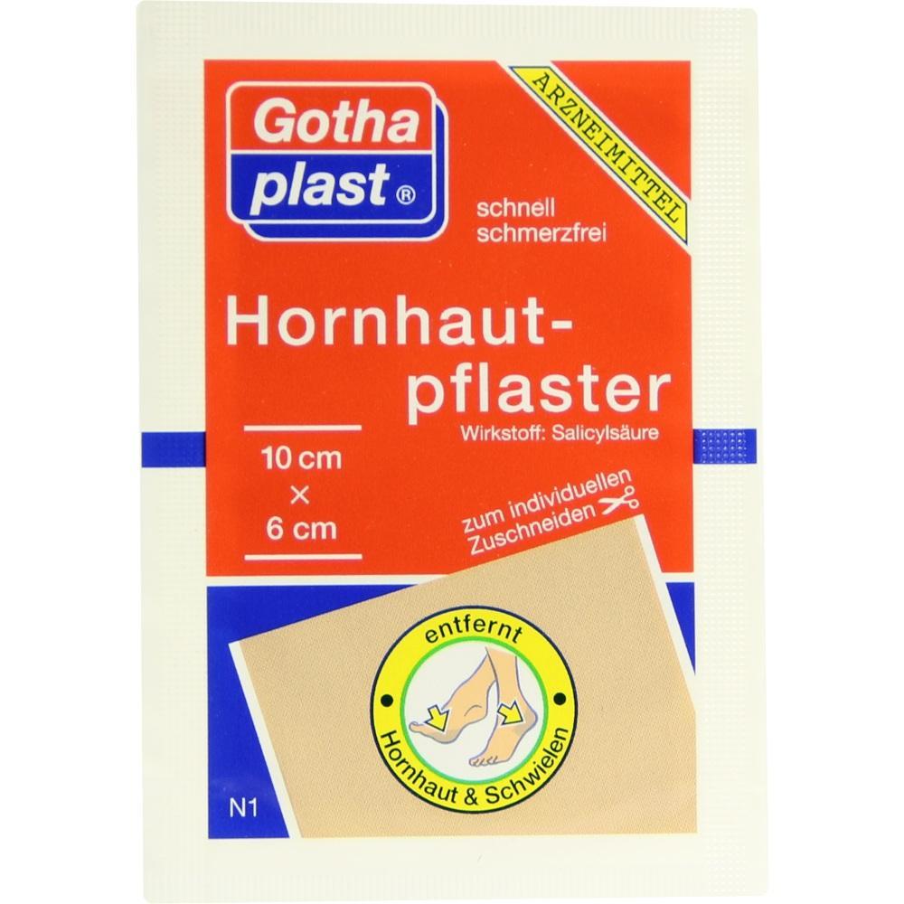 Verpackung eines Hornhautpflasters mit dem Wirkstoff Salicylsäure, 10x6 cm groß.