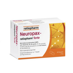 Eine Packung Nahrungsergänzungsmittel mit Vitaminen und Folsäure für das Nervensystem.