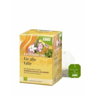 Eine Schachtel Bachblüten-Tee mit Teebeutel daneben.